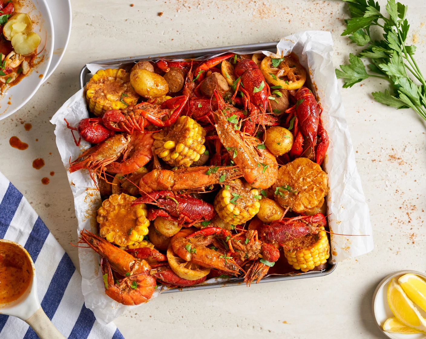 Luxury seafood boil feast with king crab, snow crab and shrimp